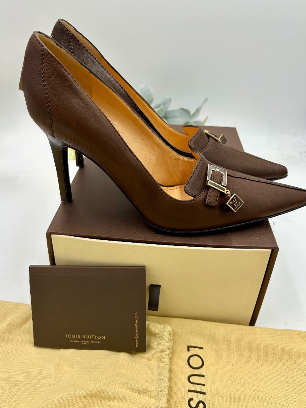 Women’s Louis Vuitton Brown Leather Pointed-Toe Pumps. Size 39.5.